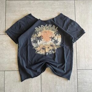 Rip Curl Graphic Tee Men XS Black Sun Palm Tree Distressed Raw Neck Short Sleeve
